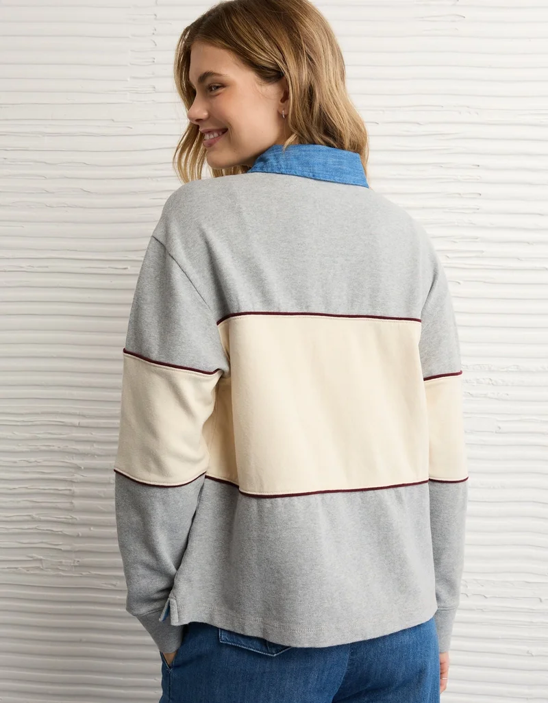 American Eagle AE Long-Sleeve Oversized Destination Graphic Polo Shirt