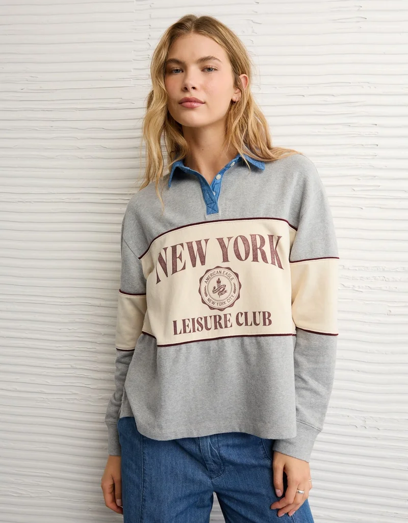 American Eagle AE Long-Sleeve Oversized Destination Graphic Polo Shirt