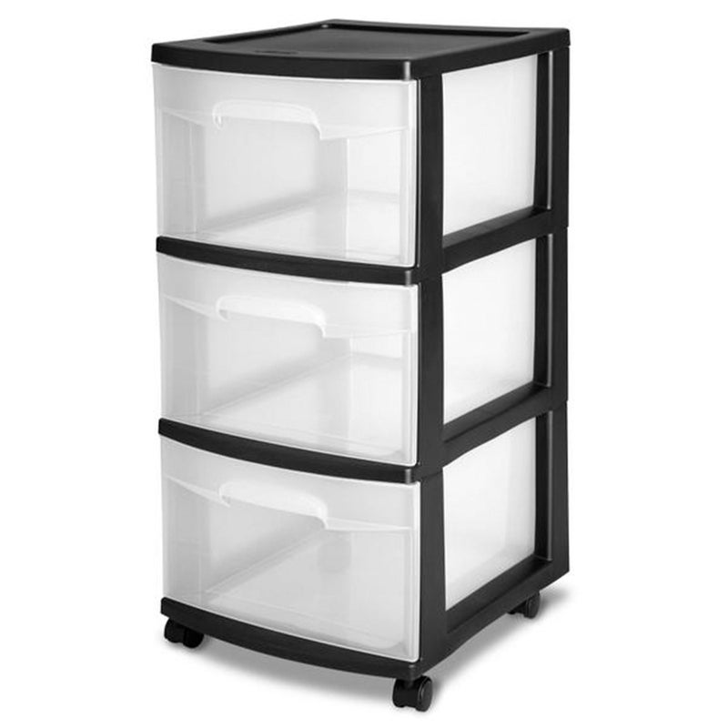 Sterilite 4 Pack Plastic Storage Organizer 3 Drawer Rolling Bin Cart Closet Organization Black