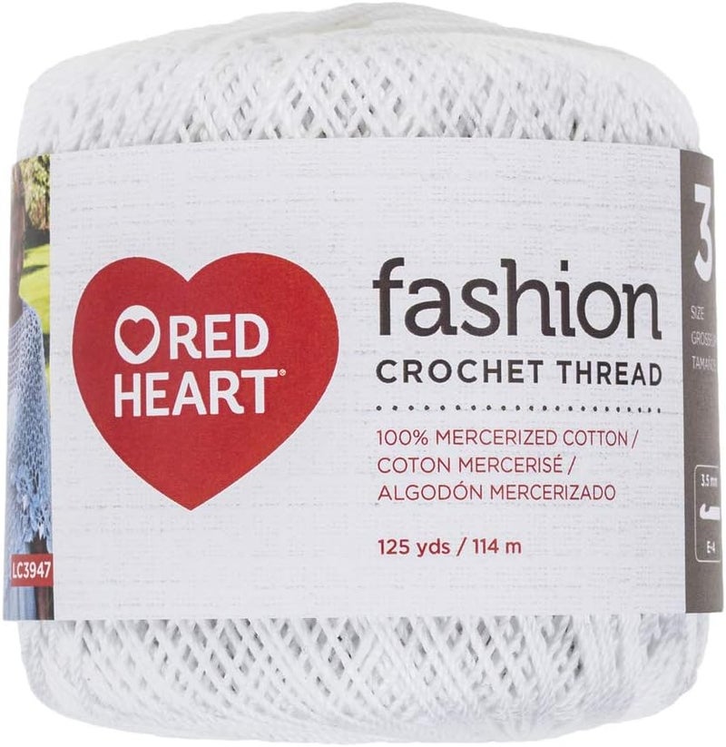 Red Heart Fashion Crochet Thread Size 3, 100% Mercerized Cotton, White, 125 Yards