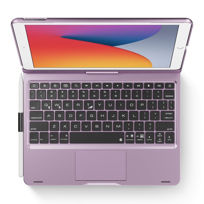 غطاء لوحة مفاتيح دوار edaiser لجهاز iPad 10.2 بوصة الجيل 9 و8 و7 وiPad Air الجيل 3 وiPad Pro 10.5 الجيل الثاني مع حامل قلم متعدد اللمس لوحة تتبع RGB مضيئة باللون الأرجواني المعدني