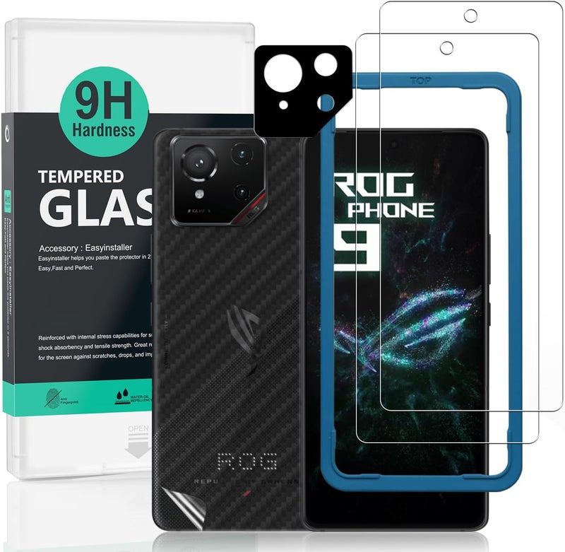 Screen Protector for Asus ROG Phone 9 Pro 5G 6.78(2 Pack),9H Hardness Tempered Glass,with 1Pc Camera Lens Protector,1Pc Back Carbon Fiber Film,Easy to Install - Image 1