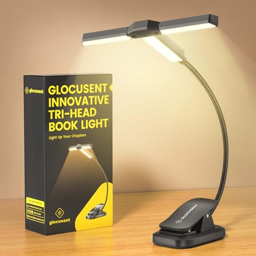 Glocusent Innovative Tri-Head Book Light for Reading in Bed, 3 Colors & 5 Brightness Levels, 1000mAh Rechargeable Reading Light with 30-Min Timer, 10-100Hrs, Partner Friendly, Perfect for Book Lovers - Image 1