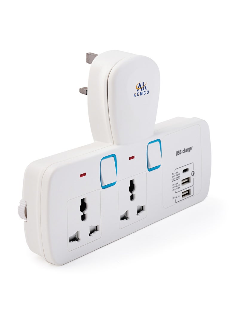 AK KEMCO Type C 2 Way Universal Multi Adapter with two USB and Type C Charging Ports T-Type Multi Wall Socket AK-303TUC for Home and Office  - Image 1