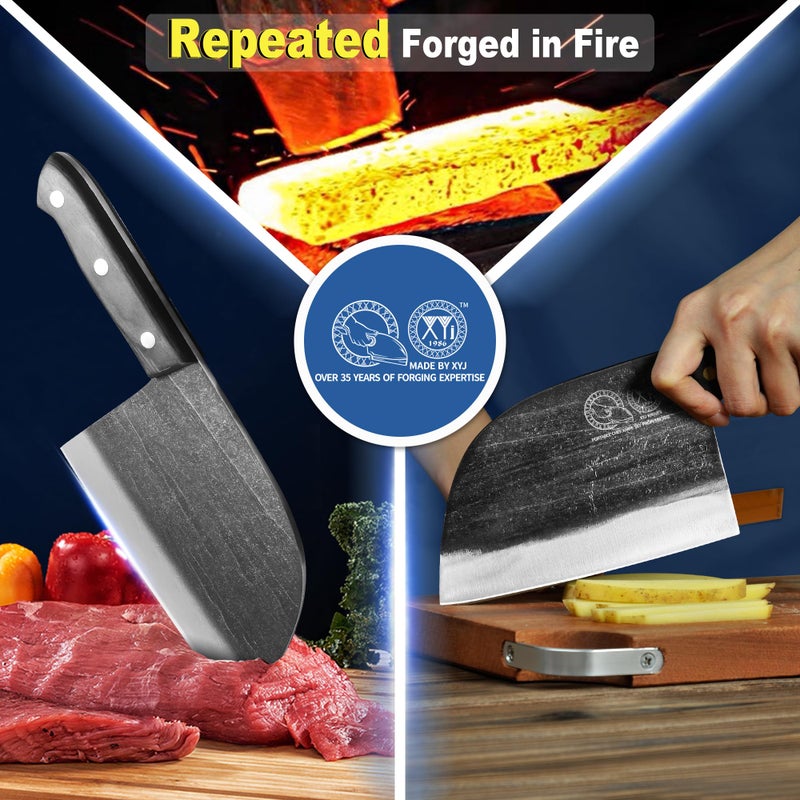 Xyj Authentic Since 1986 Outstanding Ancient Forging 6.7 Inch Full Tang Serbian Chefs Knife Chef Meat Cleaver Kitchen Knives Set With Leather Sheath Take Carrying Butcher - Image 3