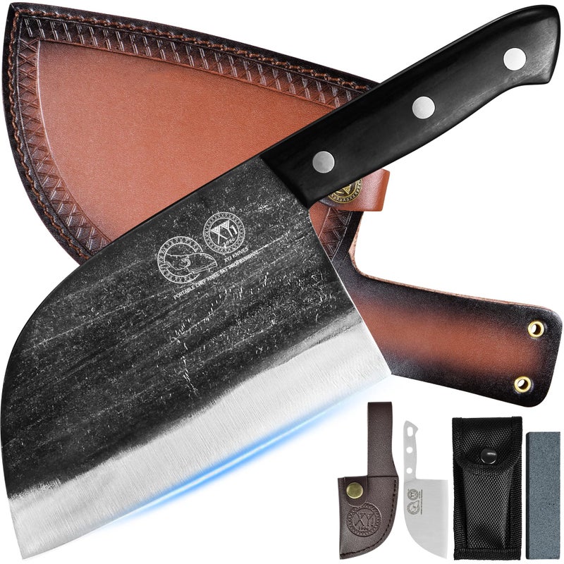 Xyj Authentic Since 1986 Outstanding Ancient Forging 6.7 Inch Full Tang Serbian Chefs Knife Chef Meat Cleaver Kitchen Knives Set With Leather Sheath Take Carrying Butcher - Image 1
