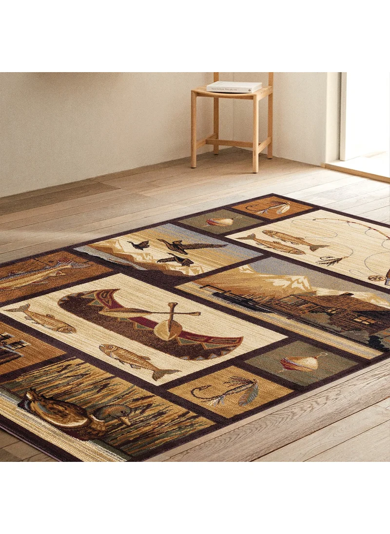 Vagonik Vintage Boat Fish and Wild Nature Patterned Digital Printed Carpet Washable Carpet with Non-Slip Base