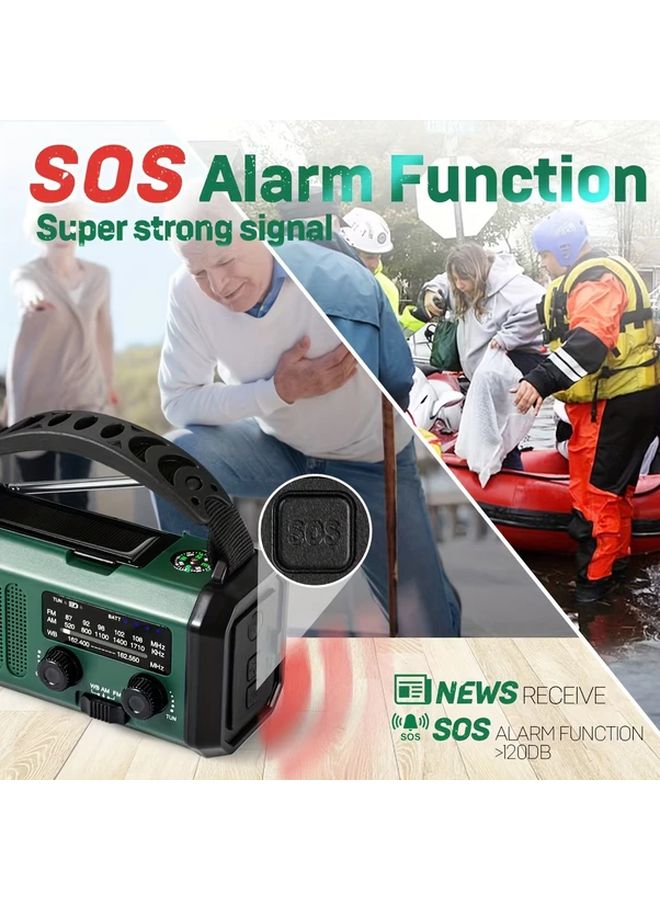 Green Solar Hand Crank Emergency Radio 10000mAh With Flashlight Compass SOS Phone Charger - Image 3
