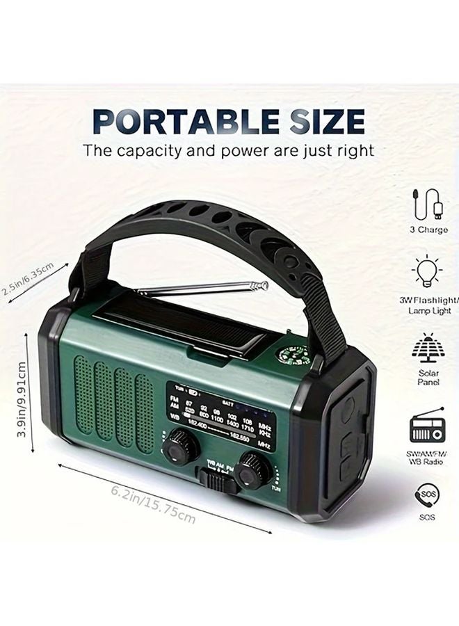 Green Solar Hand Crank Emergency Radio 10000mAh With Flashlight Compass SOS Phone Charger - Image 5