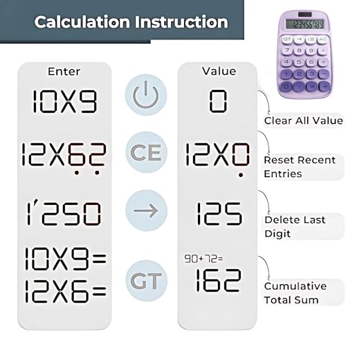 Jukusa Desktop Colorful Calculator 12 Digit, Dual Solar Power and Battery LCD Display, Easy to Press Big Buttons for Home, Office, School, College Class and Business Use (Purple) - Image 3