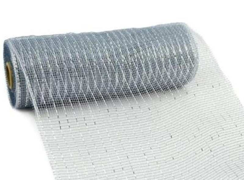 10 inch x 30 feet Deco Poly Mesh Ribbon Metallic Silver with Silver Foil RE130126