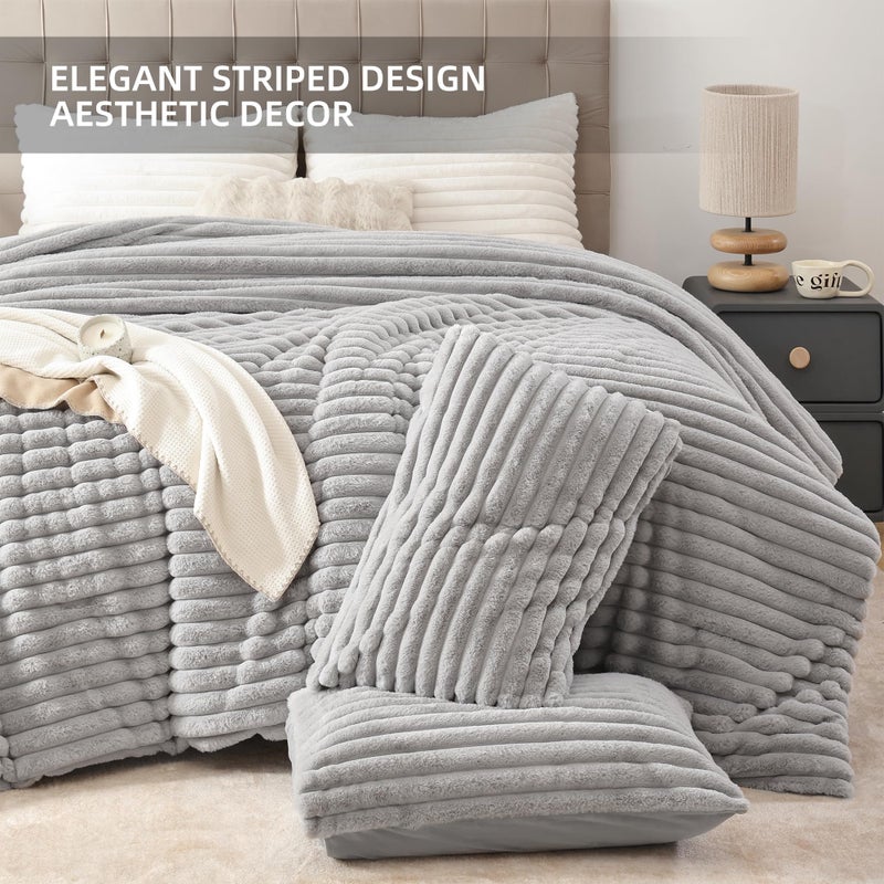 Smoofy Fluffy Queen Comforter Set 3 Pieces - Light Grey Fleece Fluffy Comforter Queen Set, Luxury Fuzzy Queen Bed Set, Soft &Warm Bed Comforter All Season, Heavy Queen Bedding with 2 Pillow Cases - Image 3