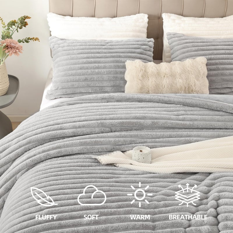 Smoofy Fluffy Queen Comforter Set 3 Pieces - Light Grey Fleece Fluffy Comforter Queen Set, Luxury Fuzzy Queen Bed Set, Soft &Warm Bed Comforter All Season, Heavy Queen Bedding with 2 Pillow Cases - Image 2