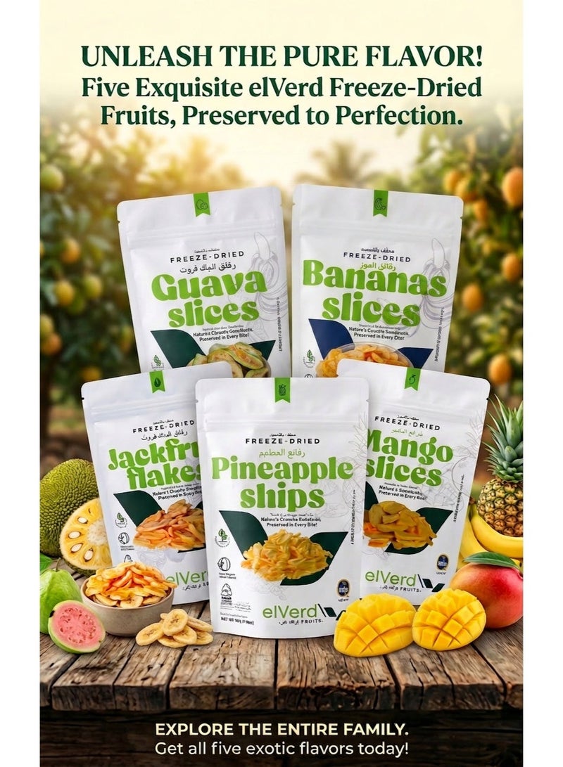 Elverd Freeze – Dried Crunchy Fruit Combo - 100% Natural, No Added Sugar with 5 packs of 50g each of Jackfruit Flakes , Mango slices, Guava Slices, Banana Slices , Pineapple Chips - Image 1