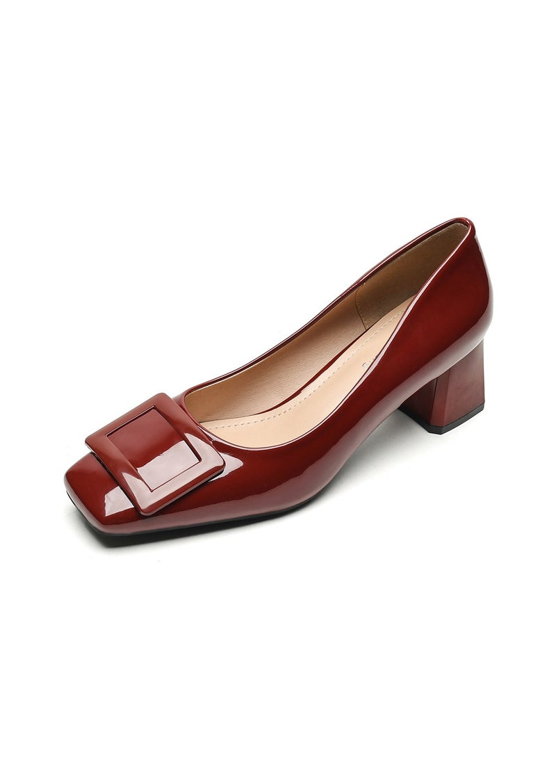 Classic Buckle Chunky Heel Pumps Elegant Spring Wine Red
