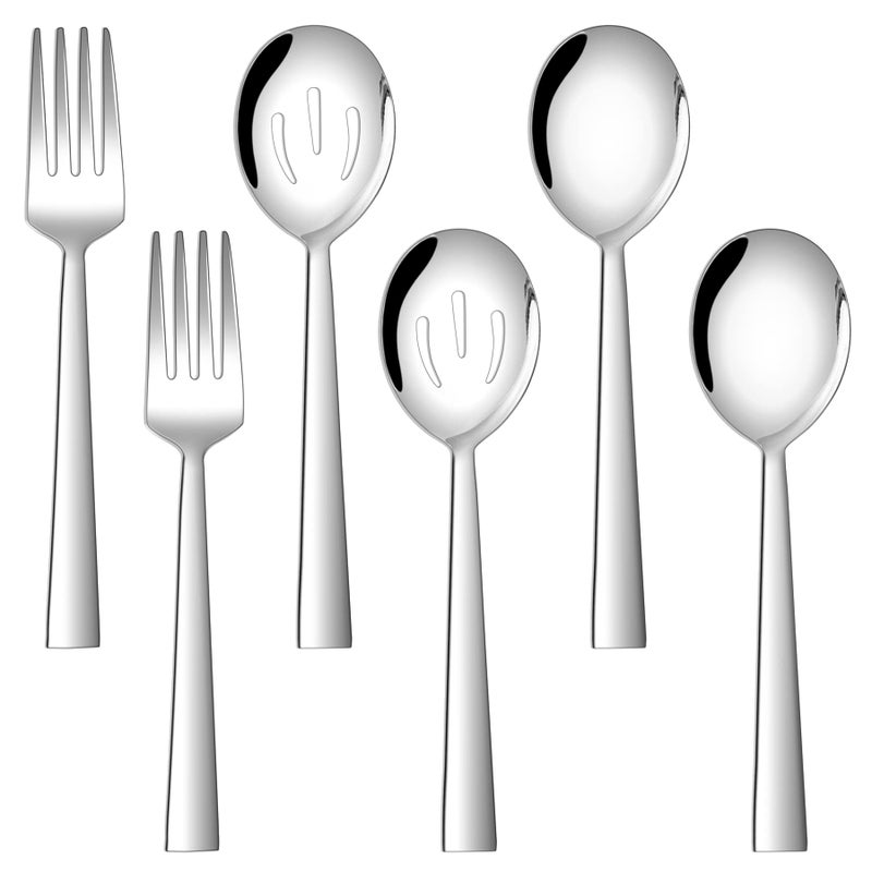 E-far Efar Square Serving Utensils Set of 6 Stainless Steel 87 Inch Hostess Serving Set Including Metal Spoon Slotted Spoons Forks for Party Buffet Catering Mirror Finished  Dishwasher Safe