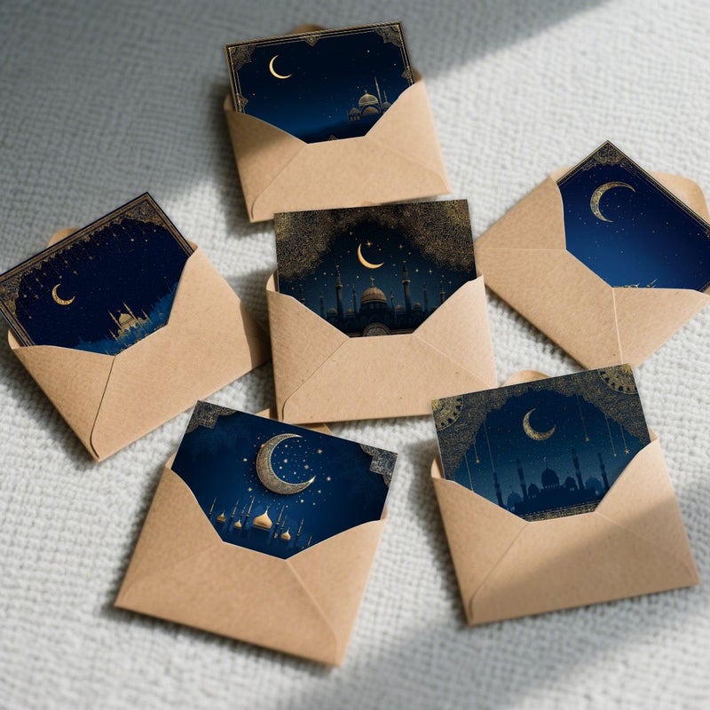 بطاقات تهنئة شهر رمضان المبارك مع صورة الهلال والمسجد، 12 قطعة مع أظرف، مناسبة لاحتفالات العيد، رسائل الشكر والهدايا - Image 5