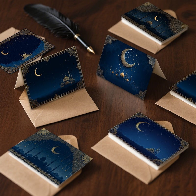 بطاقات تهنئة شهر رمضان المبارك مع صورة الهلال والمسجد، 12 قطعة مع أظرف، مناسبة لاحتفالات العيد، رسائل الشكر والهدايا - Image 2