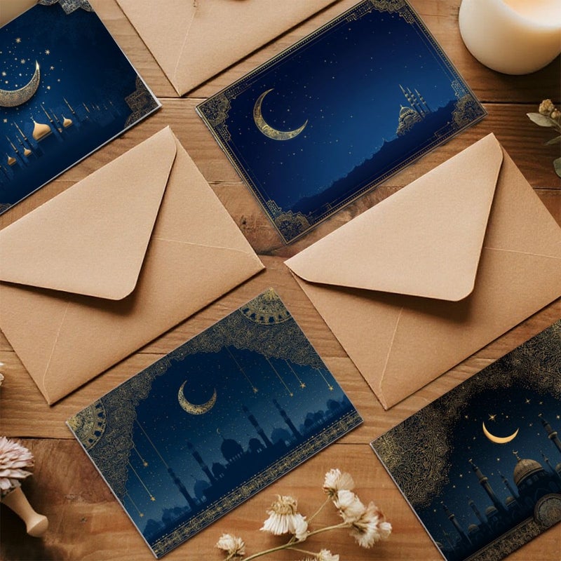بطاقات تهنئة شهر رمضان المبارك مع صورة الهلال والمسجد، 12 قطعة مع أظرف، مناسبة لاحتفالات العيد، رسائل الشكر والهدايا - Image 4