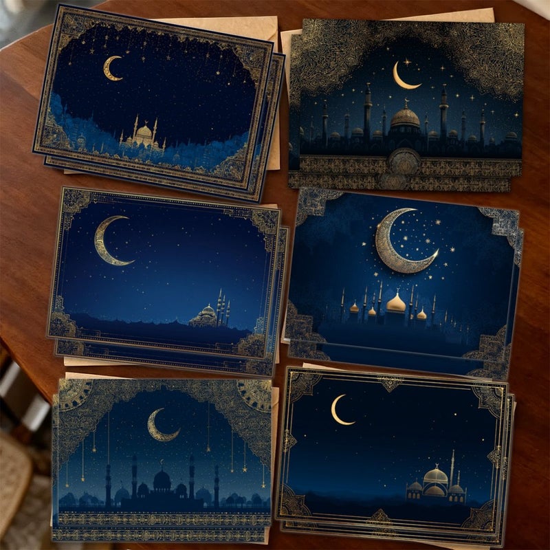 بطاقات تهنئة شهر رمضان المبارك مع صورة الهلال والمسجد، 12 قطعة مع أظرف، مناسبة لاحتفالات العيد، رسائل الشكر والهدايا - Image 1