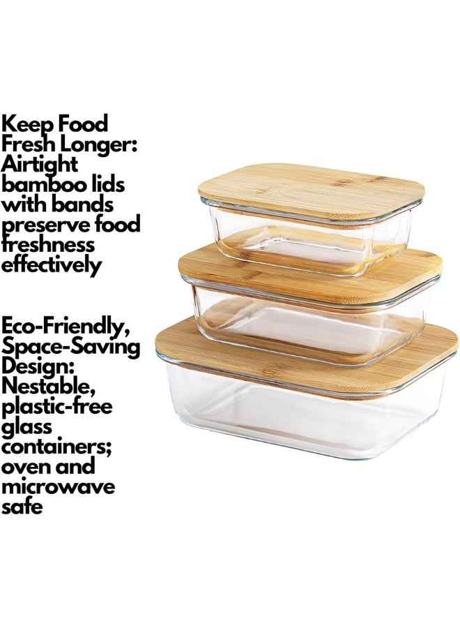 حاويات تخزين طعام زجاجية، مع أغطية خيزران | صديقة للبيئة وقابلة للتكديس وخالية من البلاستيك | مقاسات متعددة وآمنة للاستخدام في الميكروويف والفرن | تحافظ على الطعام طازجًا، 3 قطع - Image 3