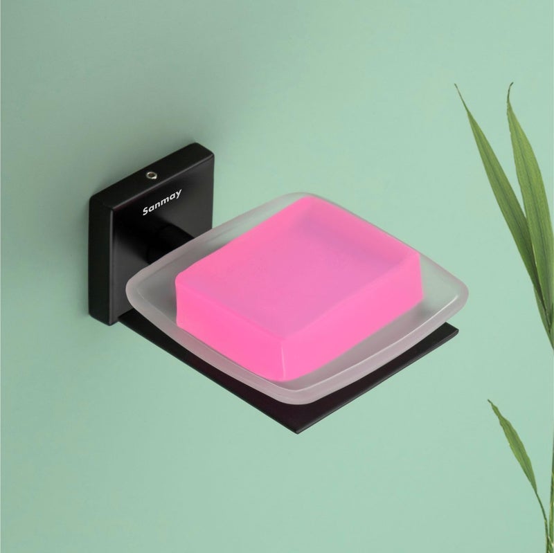 Sanmay Wall Mounted Square Soap Dish with SS Holder(Black Finish) (Single) - Image 1