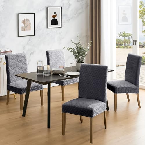 MOSAYT 100 Waterproof Dining Room Chair Covers Set of 4 Super Fit Stretch Jacquard Parson Chairs Slipcovers Removable Washable Chair Seat Protectors for Home Kitchen Banquet Dark Grey - Image 3