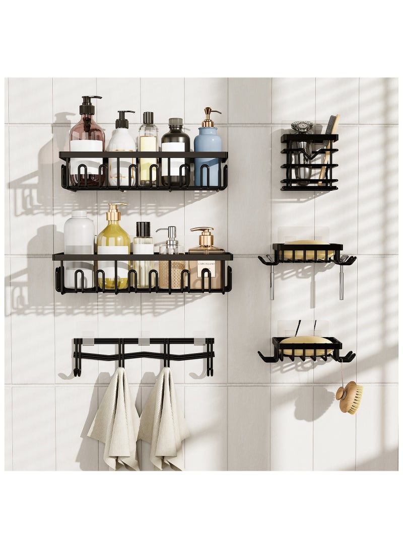 حامل أدوات الاستحمام 6 قطع، منظمات وتخزين كبيرة السعة للمطبخ والمنزل، ملحقات تخزين بدون حفر مع حامل صابون وحامل فرشاة أسنان و 16 خطافًا ديكور منزلي أسود - Image 1
