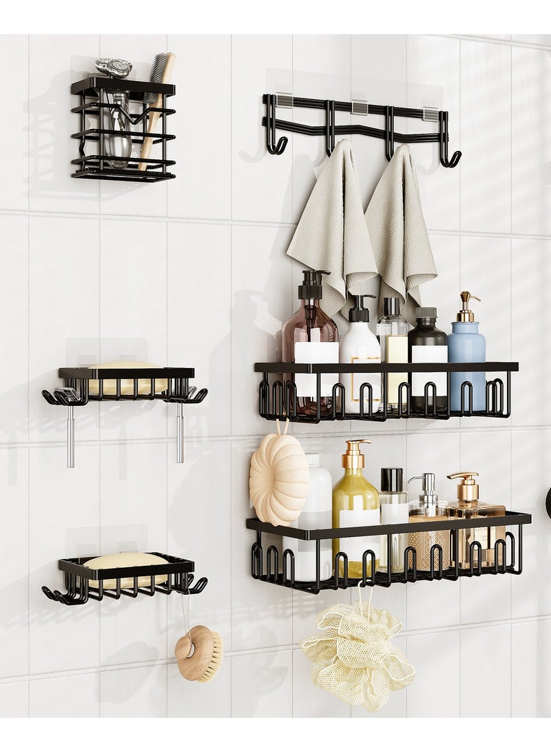 حامل أدوات الاستحمام 6 قطع، منظمات وتخزين كبيرة السعة للمطبخ والمنزل، ملحقات تخزين بدون حفر مع حامل صابون وحامل فرشاة أسنان و 16 خطافًا ديكور منزلي أسود - Image 2