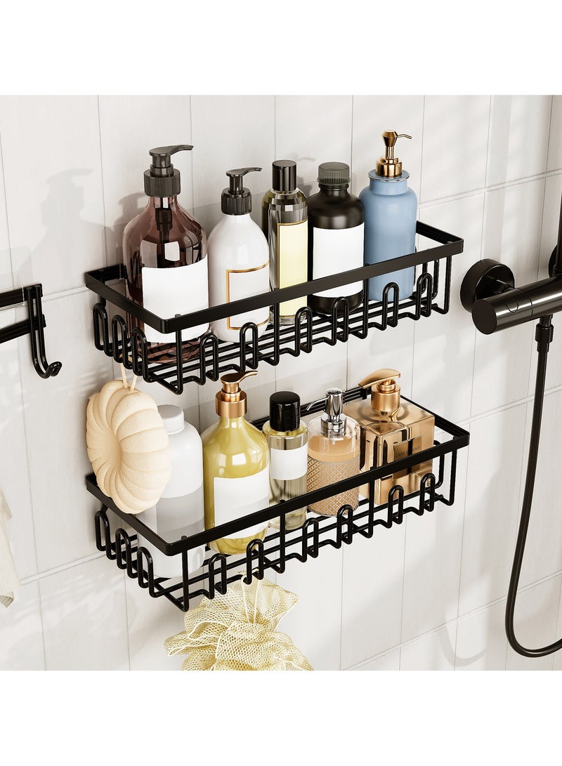 حامل أدوات الاستحمام 6 قطع، منظمات وتخزين كبيرة السعة للمطبخ والمنزل، ملحقات تخزين بدون حفر مع حامل صابون وحامل فرشاة أسنان و 16 خطافًا ديكور منزلي أسود - Image 4