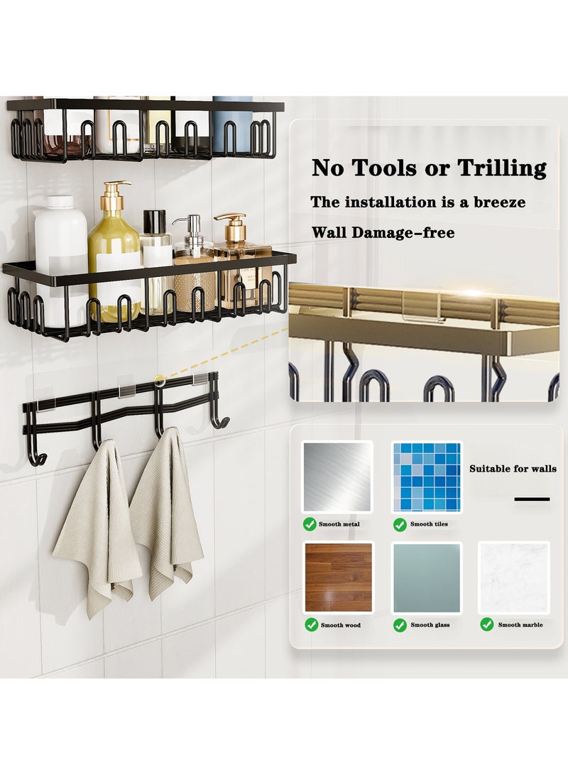 حامل أدوات الاستحمام 6 قطع، منظمات وتخزين كبيرة السعة للمطبخ والمنزل، ملحقات تخزين بدون حفر مع حامل صابون وحامل فرشاة أسنان و 16 خطافًا ديكور منزلي أسود - Image 5