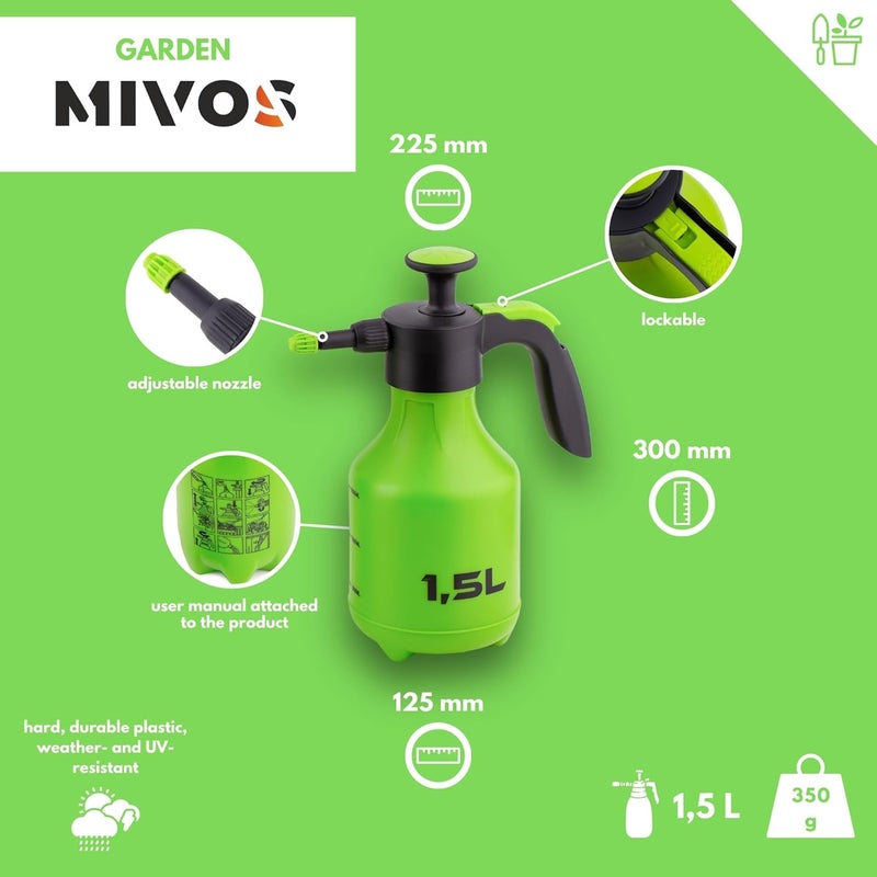 MIVOS مرشة الضغط سعة 1.5 لتر - مرشة حديقة فاخرة، مرشة ضخ للشرفات والباحات والحدائق - مرشة نباتات - مرشة للعناية بالنباتات، مرشة يدوية - Image 2