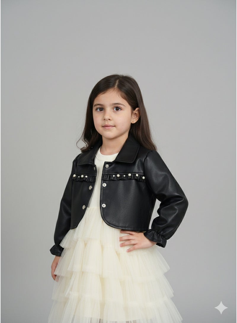 Lucky Kids جاكيت جلد قصير للأطفال مع حواف من اللؤلؤ - Image 2