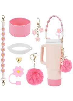 Stanley Global Pinky Floral Straw Cup Accessories, Colorful Stanley Tumbler Accessories Set, Stanley Cup Decoration, Portable Tumbler Handle, 7 Pieces A Set  - Image 1