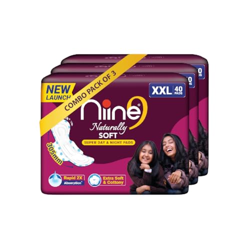 Niine Naturally Soft XXL Extra Soft & Cottony Sanitary Pads for Women | 305mm Long | 120 Pads, Pack of 3 | Super Day & Night Pads | Rapid 2X Absorption - Image 1