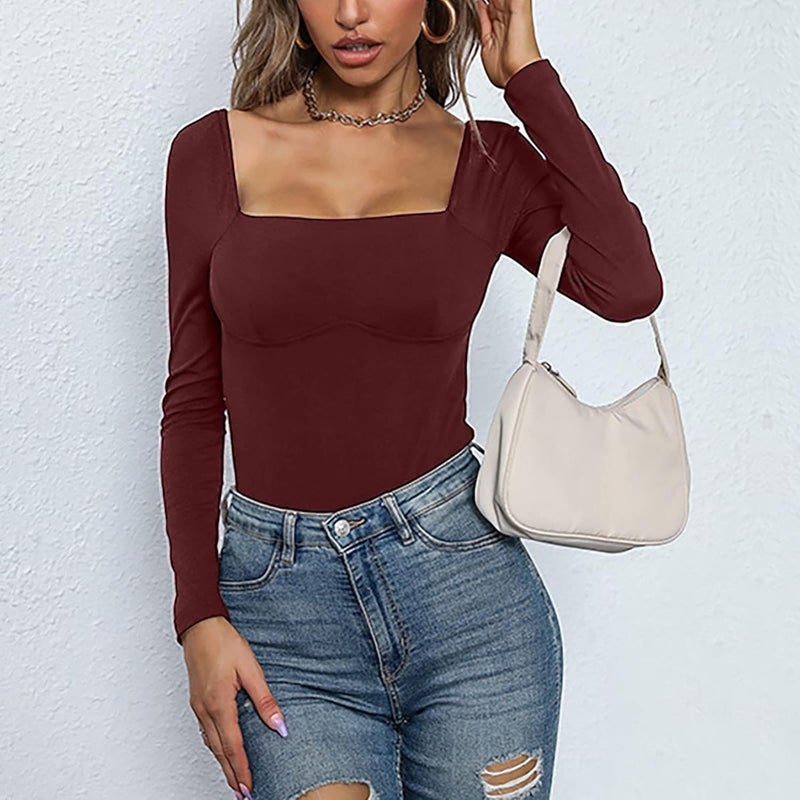 woobles Women's Square Neck Long Sleeve Top Bodysuit Jumpsuit Second-Skin Feel Tops Sexy Body Suits Women Clothing X-Large 010-wine - Image 5