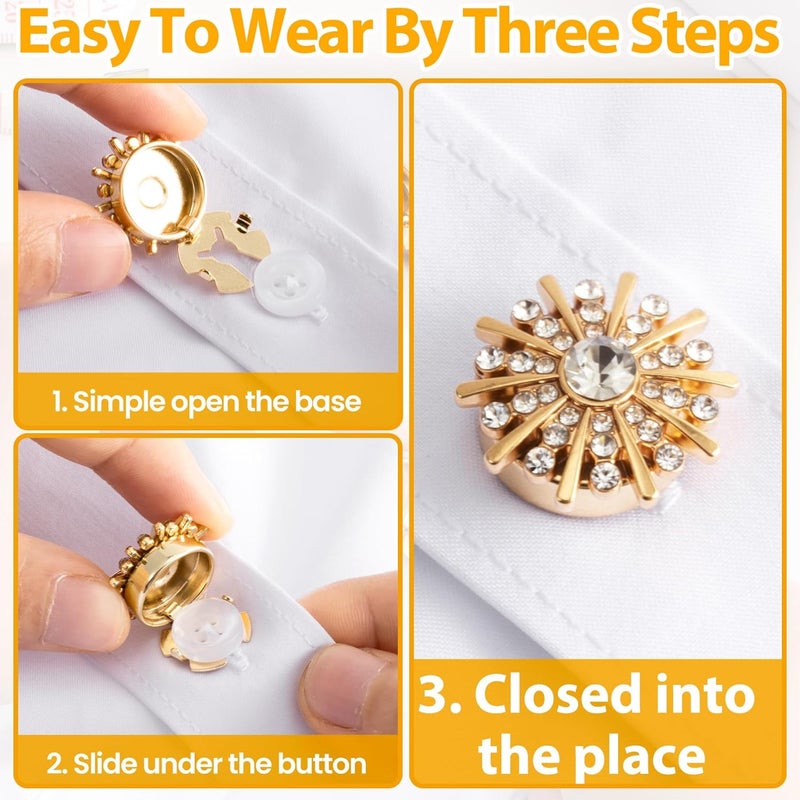 Winsyison 4 قطع من غطاء أزرار مزين بالكريستال الصناعي، غطاء أزرار للملابس بلون ذهبي، زينة قابلة للإزالة على شكل رقاقات ثلجية للنساء، مناسبة لسترات الكم والبلوزات والقمصان الرسمية – 2 تصميم - Image 3