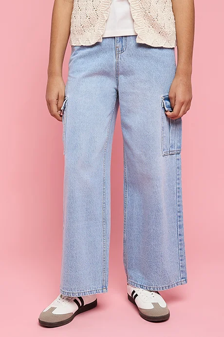 R&B Washed Wide Leg Cargo Jeans with Button Closure
