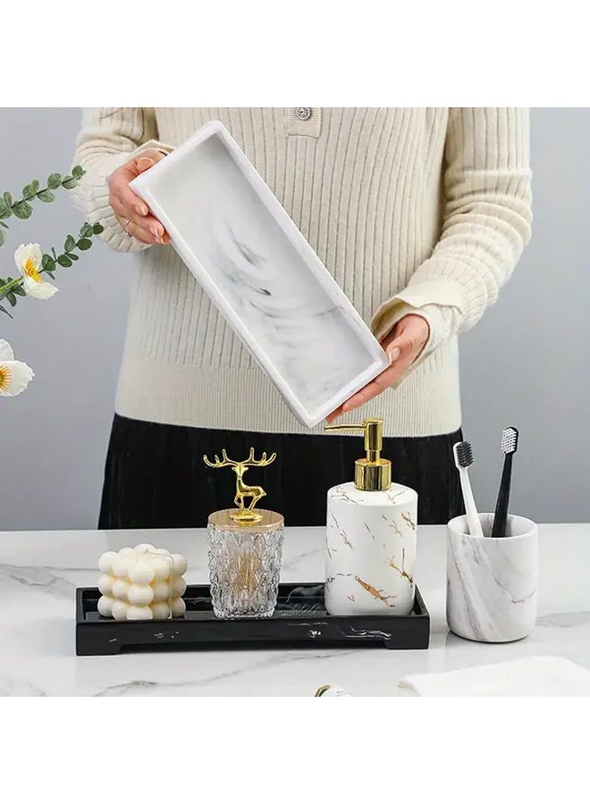 Black Marble Silicone Vanity Tray 20cm Soap Shampoo Perfume Jewelry Storage Bathroom Organizer Golden Accents Cosmetic Accessory Dish Textured Surface - Image 4