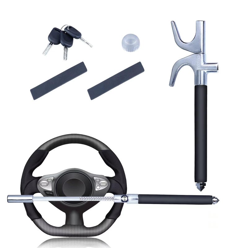 Anti Theft Steering Wheel Lock, Retractable Wheel Locks, Universal Adjustable Car Theft Prevention Device with 3 Keys and Safety Hammer Fit for All Type of Cars