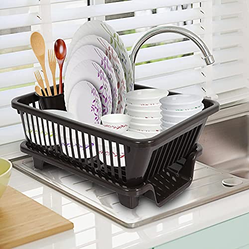 BIRDWING Brown 3 in 1 Large Durable Plastic Kitchen Sink Dish Rack Drainer Drying Rack Washing Basket with Tray for Kitchen, Dish Rack Organizers, Utensils Tools Cutlery, Brown - Image 1