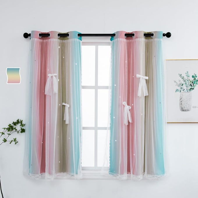 CURTAINS FOR GIRLS BEDROOM KIDS ROOM CURTAIN COLORFUL WINDOW NURSERY CURTAIN 63 INCHES LENGTH ROOM DARKENING GROMMET 2 LAYERS BABY PINK BLUE W34 X L63