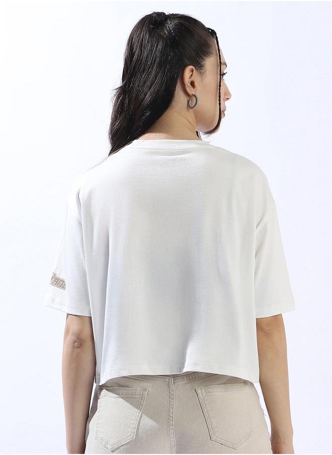 HIGH STAR Women's Off-White 100% Cotton Printed Cropped Boxy Fit T-Shirt  - Image 5