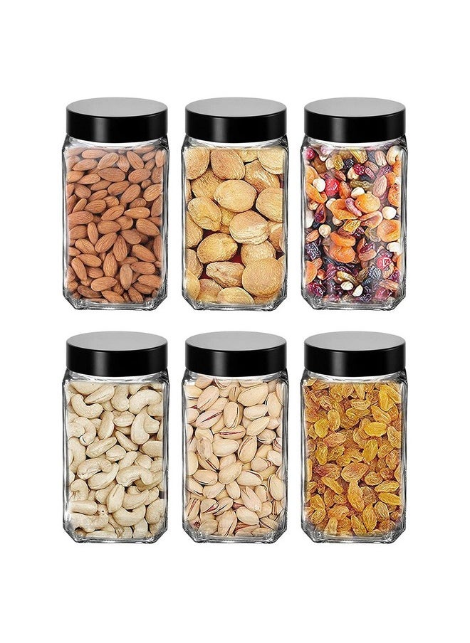 Cloudmart CLOUDMART Piramal Glass Square Clear Jars & Containers for Kitchen Pantry, Snacks, Masala, Honey, Pickles, Cookies, Dry Fruits, Beans Storage with Black Color Plastic Lid (Cube Jar, 1000ml, Set Of 6)  - Image 1