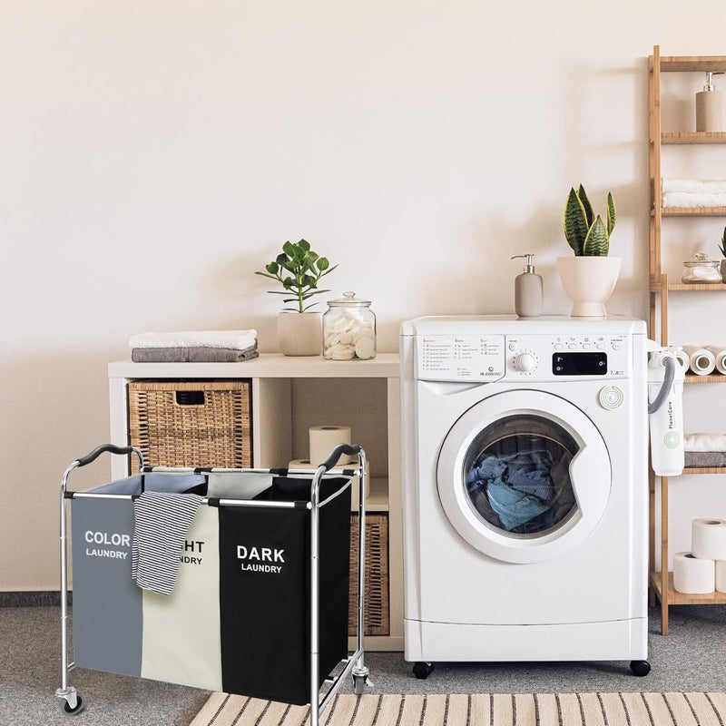 BRIGHTSHOW 3 Section Laundry Basket Sorter,240L Laundry Blanket Cart with Wheels, 16 X 30 X 35 inch Large Laundry Hamper Bag Bin for Dirty Clothes, in Laundry Room,Bathroom, Closet Organizers & Storage- WHITE - Image 2