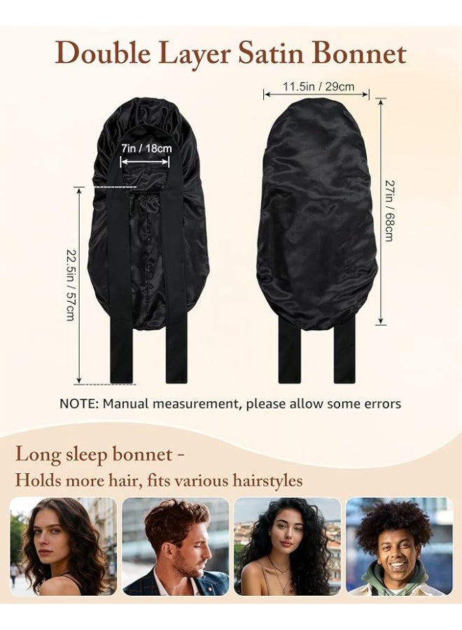 Women's Black Long Satin Bonnet with Tie Band - Double Layer Elastic Silk Sleeping Cap for Braids - Image 3