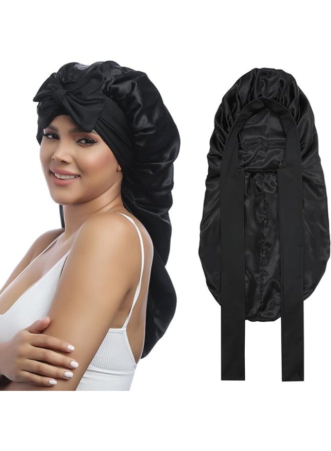 Women's Black Long Satin Bonnet with Tie Band - Double Layer Elastic Silk Sleeping Cap for Braids - Image 1