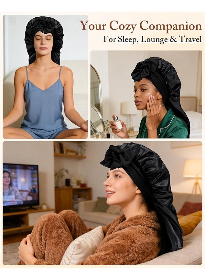 Women's Black Long Satin Bonnet with Tie Band - Double Layer Elastic Silk Sleeping Cap for Braids - Image 4