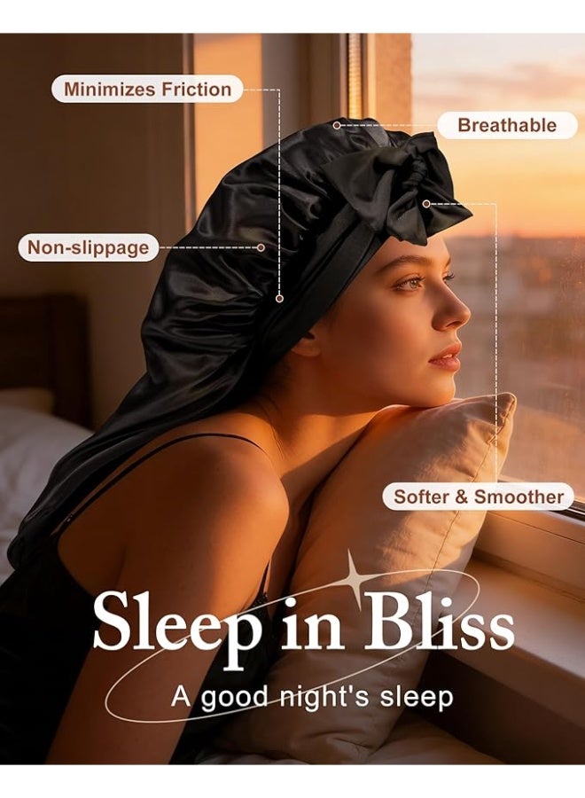 Women's Black Long Satin Bonnet with Tie Band - Double Layer Elastic Silk Sleeping Cap for Braids - Image 2
