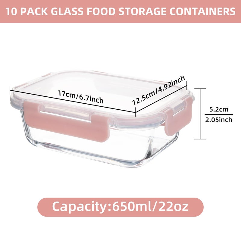 HAKEEMI 10 Pack 22 oz Glass Meal Prep Containers, Food Storage Containers with Lids, Airtight Leakproof Lunch Containers for Kitchen, Freezer, Microwave, Dishwasher Safe (Pink) - Image 2